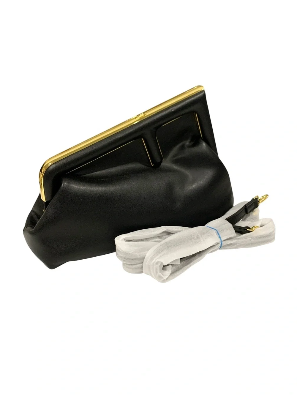 Black Frame-Top Leather Clutch with Gold Trim